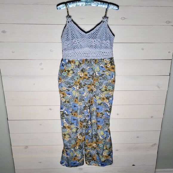 Bog Collective Pants - Women's Romper Crochet Retro Floral Wide Leg Jumpsuit. BOHO Hippie.